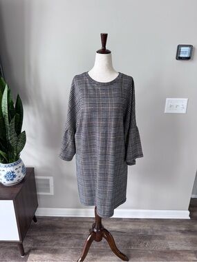 Zara Plaid Shift Dress with Bell Sleeves - Gray, black, yellow Colorwave